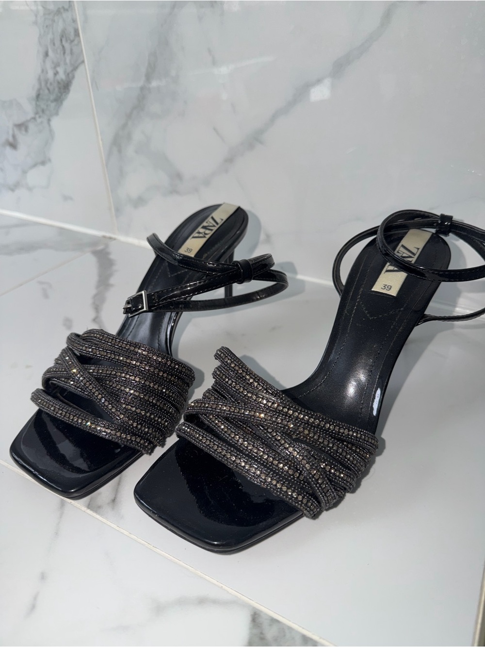 Zara Black Beaded Strappy Heels